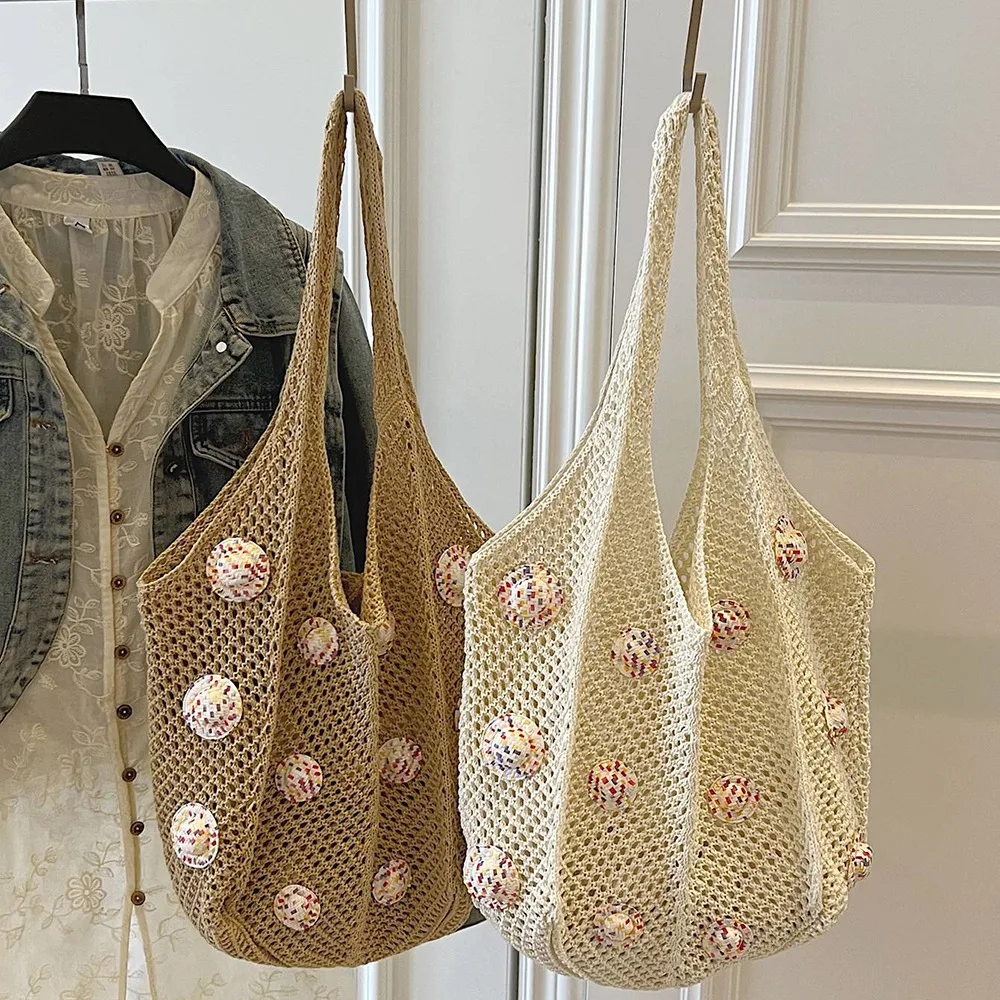 

Casual Sweet Woven Beach Bag Lazy Style Hollow Out Knitted Handbag Soft Large Capacity Shopping Bag Girls