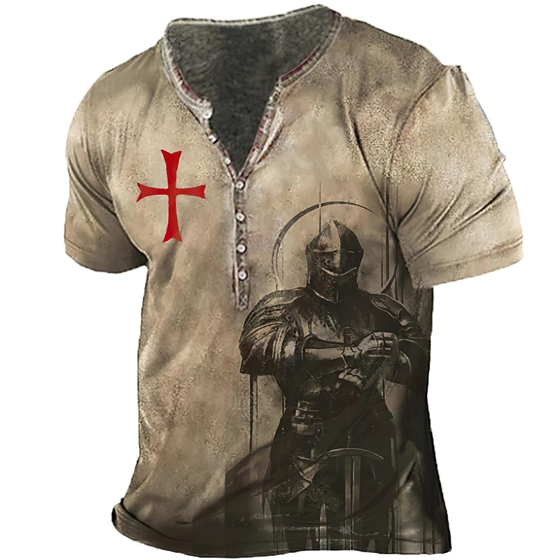 Vintage Cotton T-shirt For Men 3D Print Knight Henley Shirt V-neck Short Sleeve Oversized Tops Tee Shirt Men Clothing Streetwear