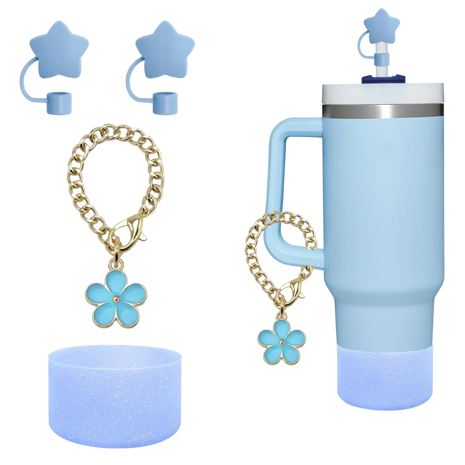 4pcs for Stanley Cup accessories includes 2 Star straw caps, 1 flower pendant and a sparkly cup lid