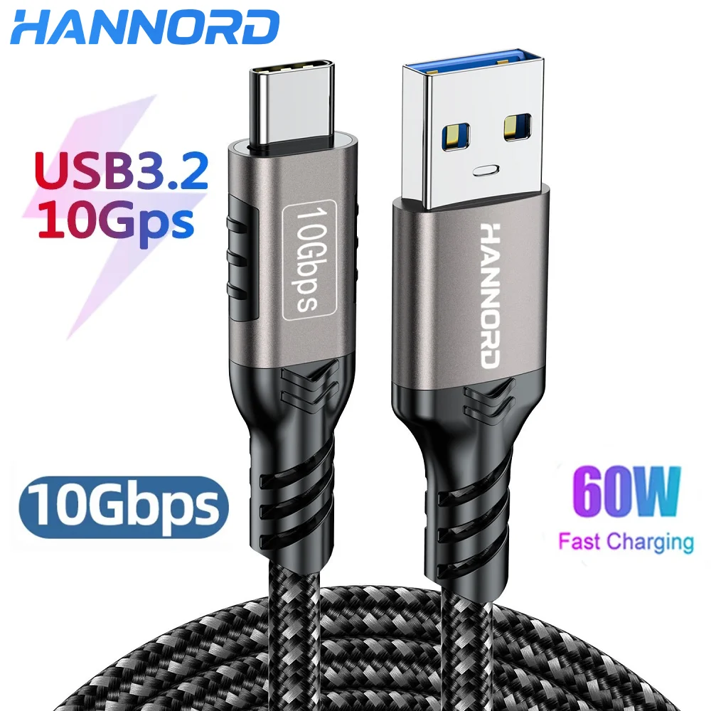 Hannord USB3.2 10Gbps USB A to USB C 3.2 Gen2 Type-C Cable Data Transfer 3A 60W QC 3.0 Fast Charging for iphone Macbook SSD