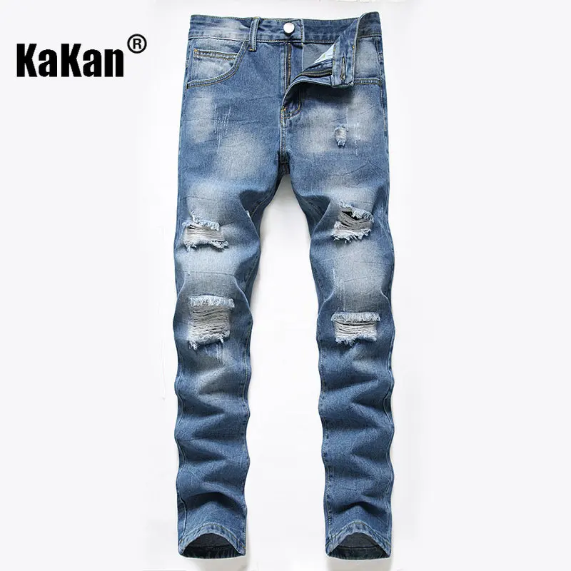 

Kakan - European and American New Blue Distressed Jeans for Men's Wear, Worn Out Washed Casual Straight Length Jeans K36-346