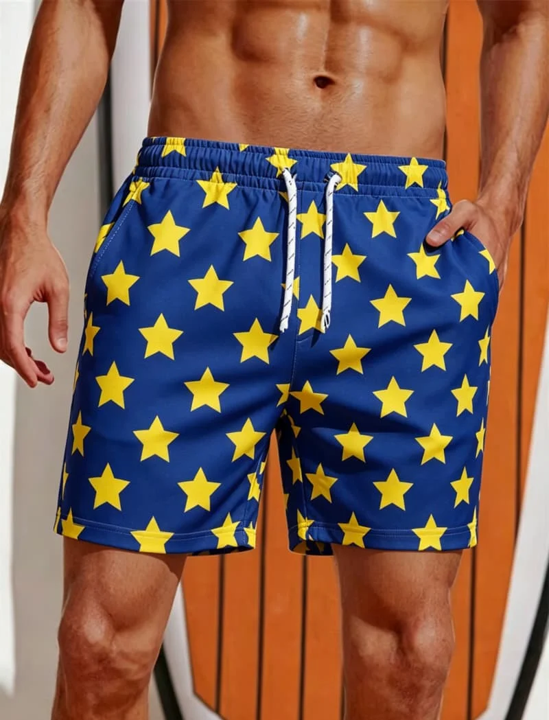 Men's beach shorts with checkerboard pattern and star print, loose and breathable style, for summer travel and beach leisure