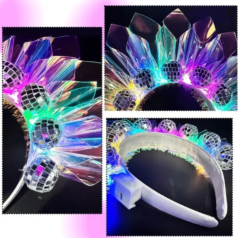 

Повязка на голову в виде диско-шара, светящаяся корона, тиара, аксессуары, головной убор на день рождения, Рождество, Хэллоуин, Новый год, праздник