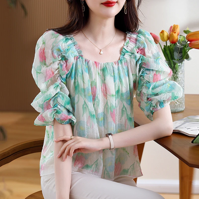 2024 Summer New Product Square Collar Fragmented Chiffon Sweetheart Girl Loose Doll Shirt Bubble Sleeves Short Sleeved Girl\'s To