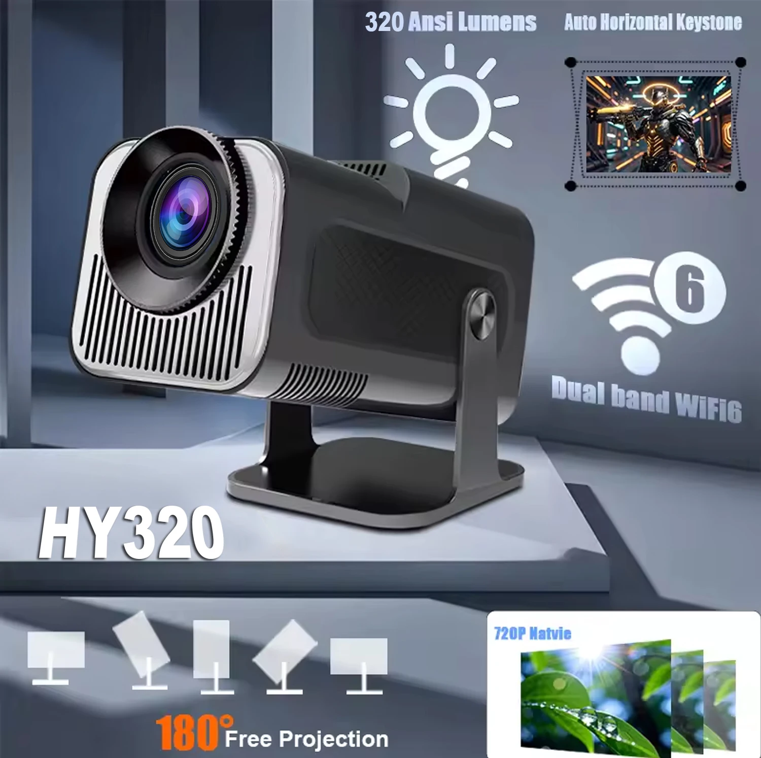 HY320 Portable Projector 4K 1080P Native 1280*720P Android11 WIFI6 BT5.0 Auto Keystone Cinema Video Beam Projector HDMI NEW