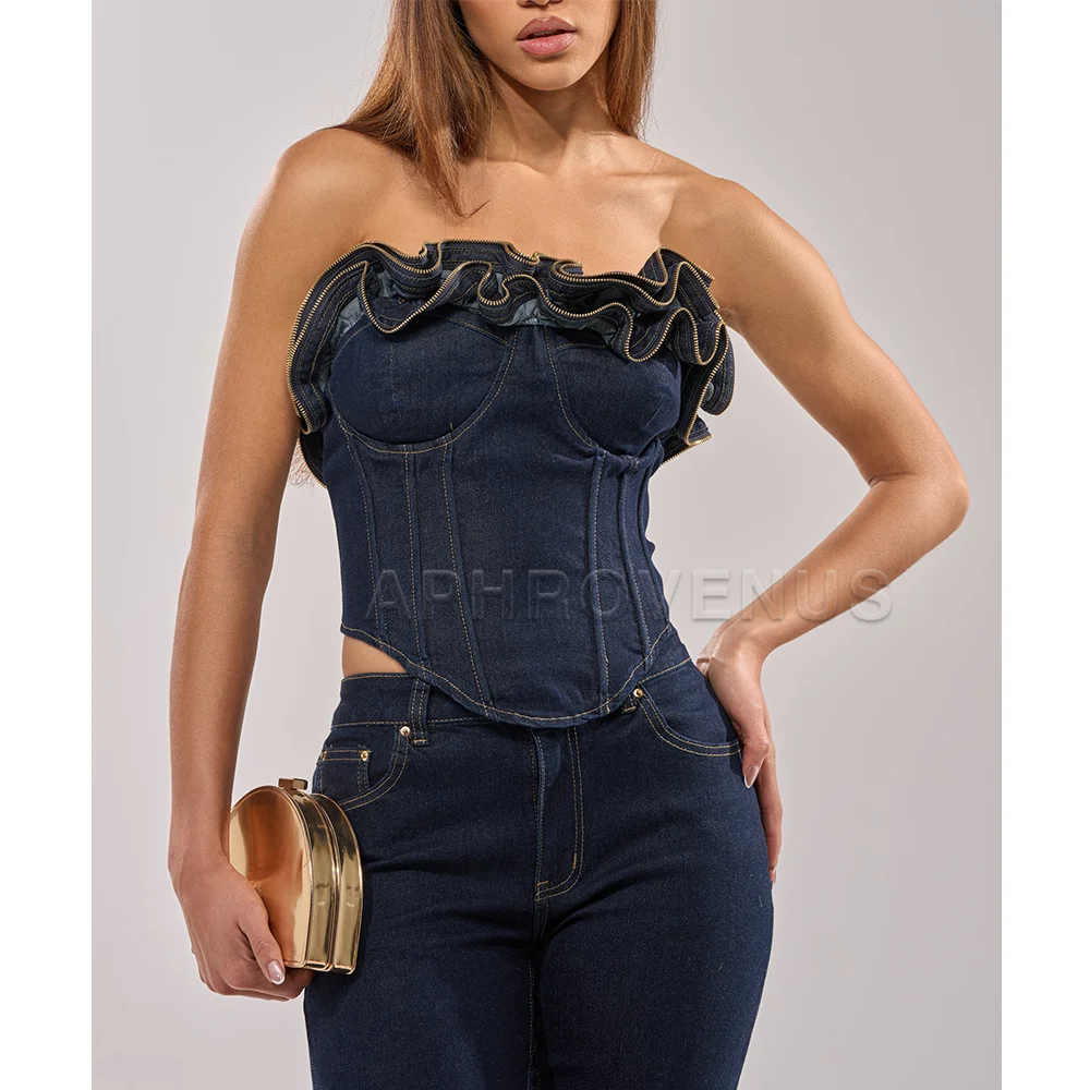 Women's Vintage Denim Corset Top Off Shoulder Ruffle Zipper Trim Bustier Y2K Streetwear Slim Fit Waist Cincher Corset for Party