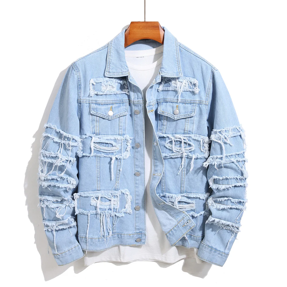 Stylish Street Men Distressed Stacked Splicing Slim Denim Jacket Ripped Male Casual Jean Jacket Coat