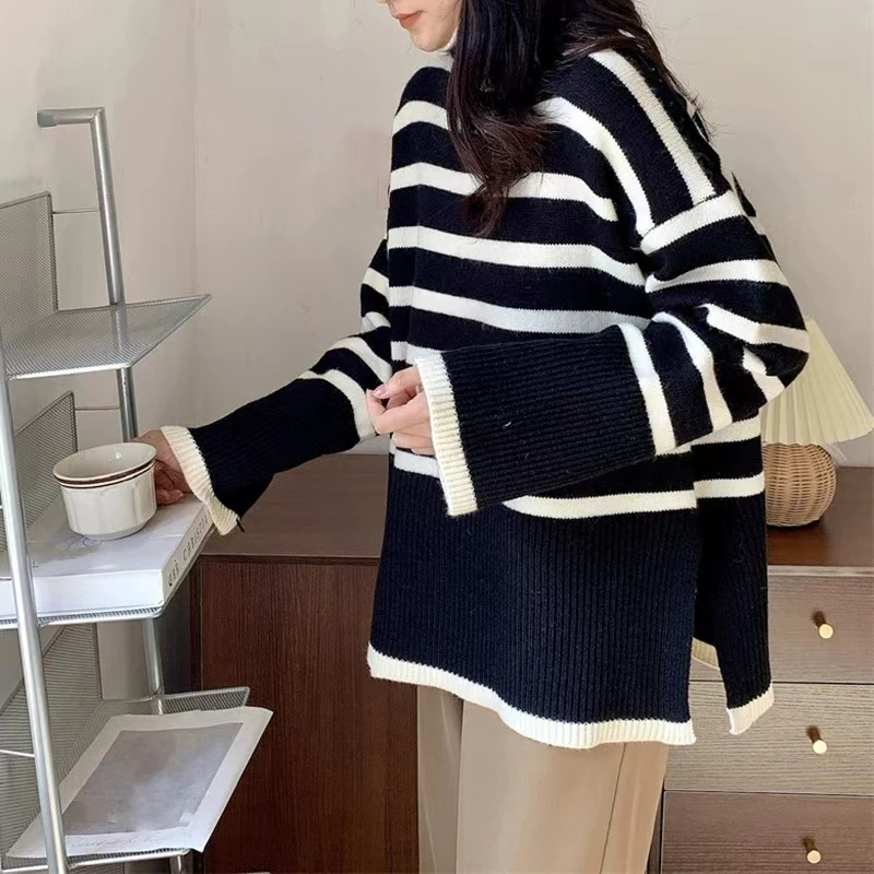 Women\'s Striped Turtleneck Sweater, Long-Sleeved Loose Outer Slit Top Warm, Thickened, Knit, Casual Streetwear, Tops, Y2k, 2024