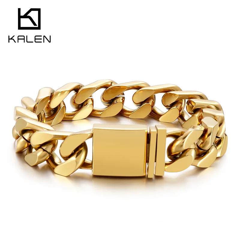 KALEN 12.5mm Vintage Cuban Chain Stainless Steel Charm Bracelet for Men Simple Hip Hop Accessories Fashion Holiday Jewelry Gifts