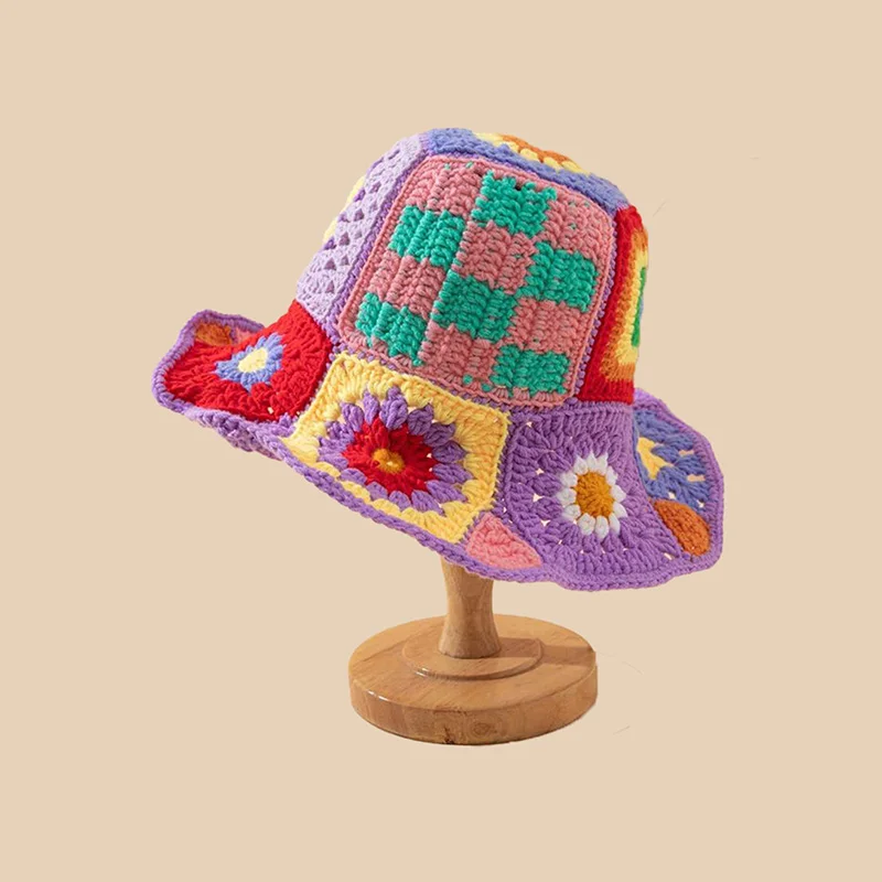 Woman Handmade Crochet Colorful Flower Bucket Hats Y2K Street Spring and Autumn Versatile Fashion Big Brim Retro Basin Cap