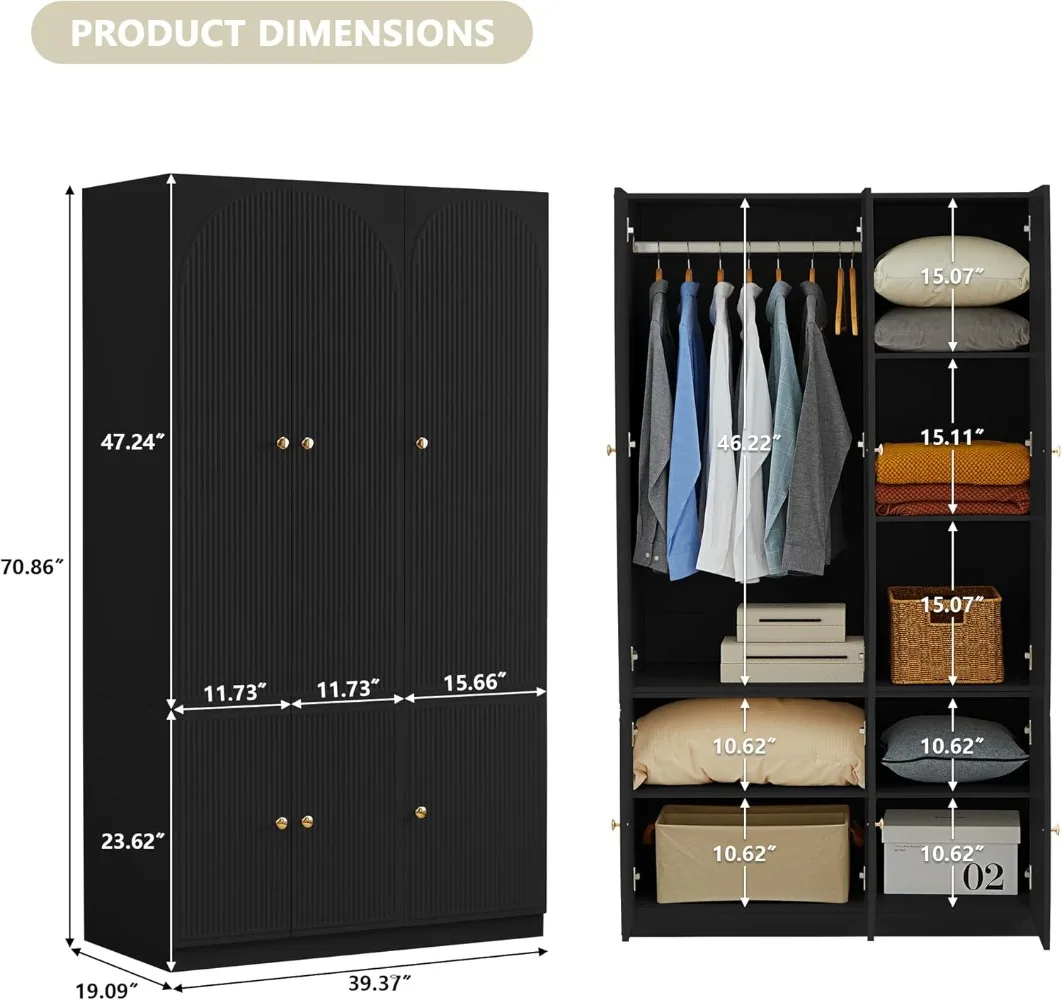 6 Doors Freestanding Armoire Wardrobe Closet, Large Capacity Wardrobe Cabinet, Wooden Closet for Bedroom