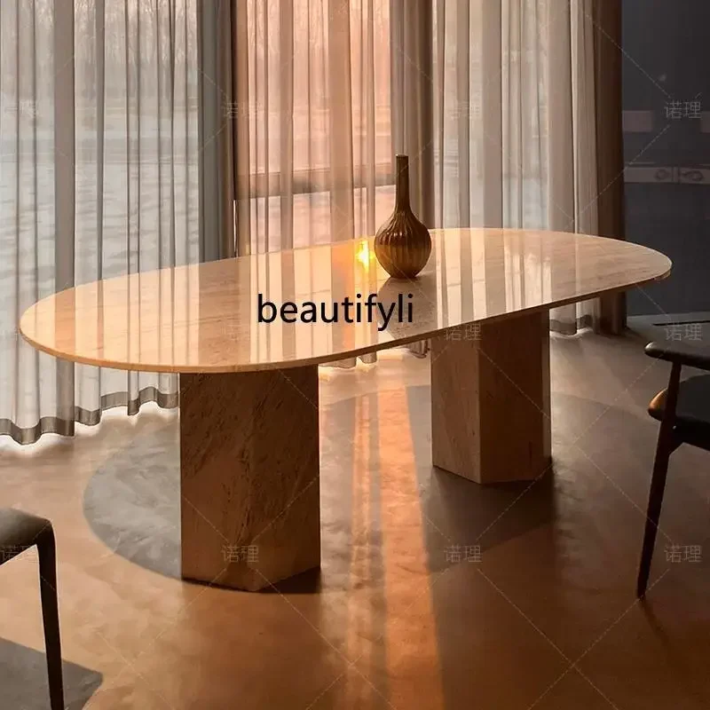 

Natural travertine dining table, antique square dining table, modern simple Italian minimalist light luxury wabi sabi style
