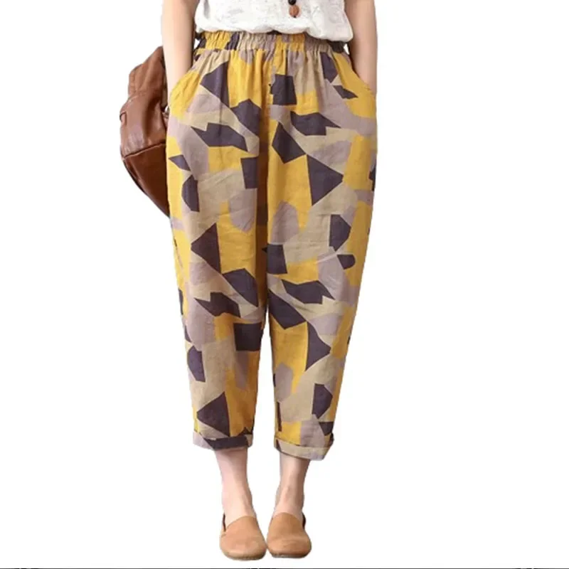 Thin Style Breathable Summer Women Literature Vintage Fashion Loose Pure Cotton Printing Large Size Casual Office Lady Trousers