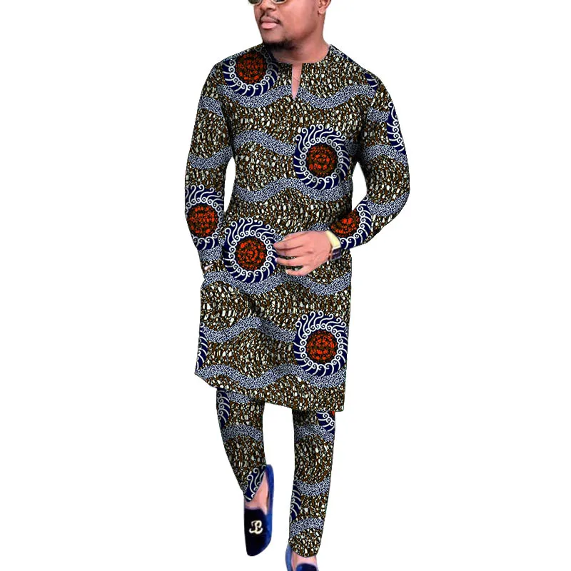 Nigerian Fashion Men's V-Neck Shirts With Print Trousers African Wax Garment Male Pant Sets Traditional Wedding Party Wear