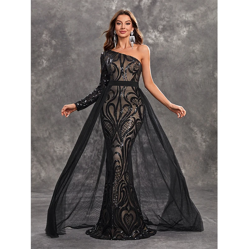 

Sexy Women One Shoulder Backless Black Sequined Dresses Two Piece Set Formal Occasion Evening Cocktail Prom Party Long Dress