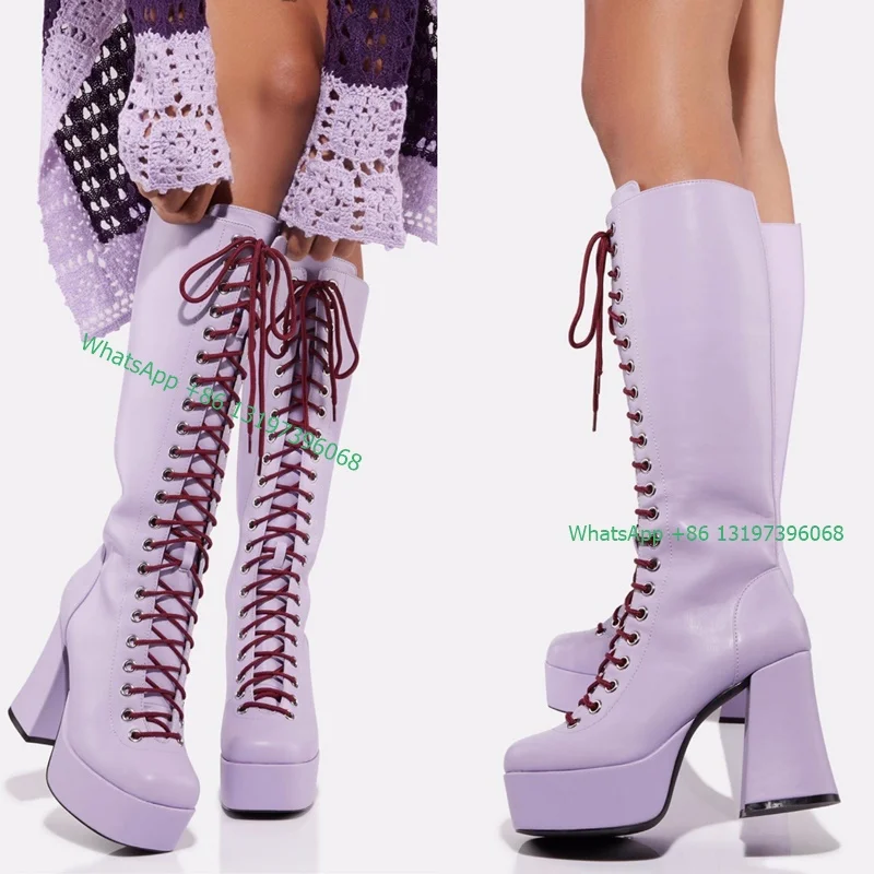 

Women's Purple Lace-Up Knee Boots Punk Platform Thick Square Heel Boots Side Zipper Simple Street Style Boots Casual Footwear 46