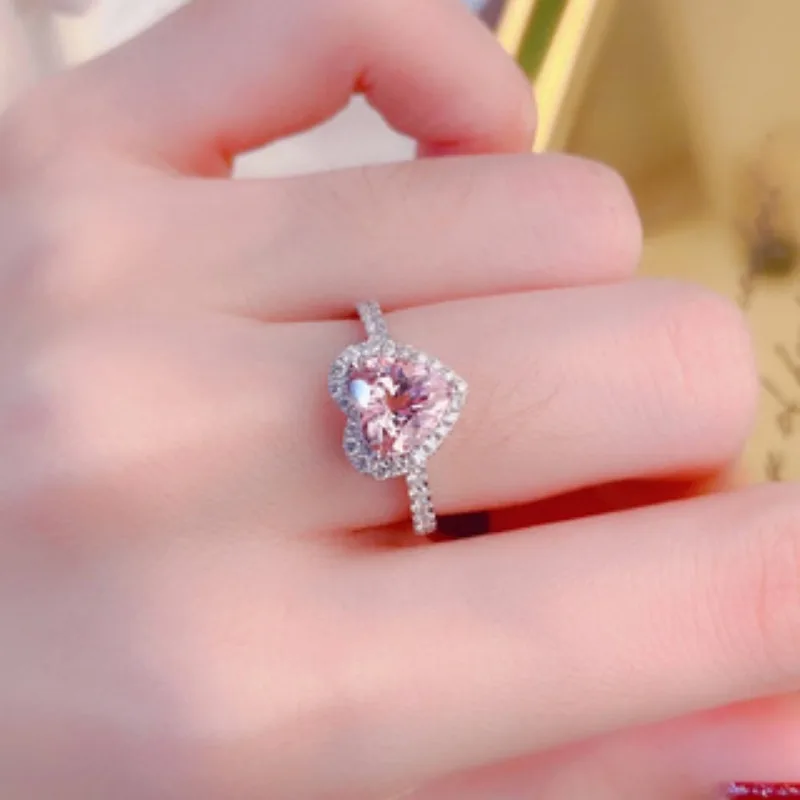 Luxury Heart Shape Pink Silver Color Cute Fashion Promise Ring for Women Girl Party Wedding Gift Trendy Jewelry