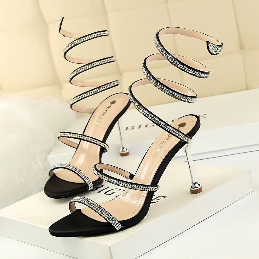 

Women's Ladies 2024 Sexy Nightclub Banquet Shoes Slim High Heel Snake Rhinestone Wrist Wrapped Strap Sandals Pumps туфли женские