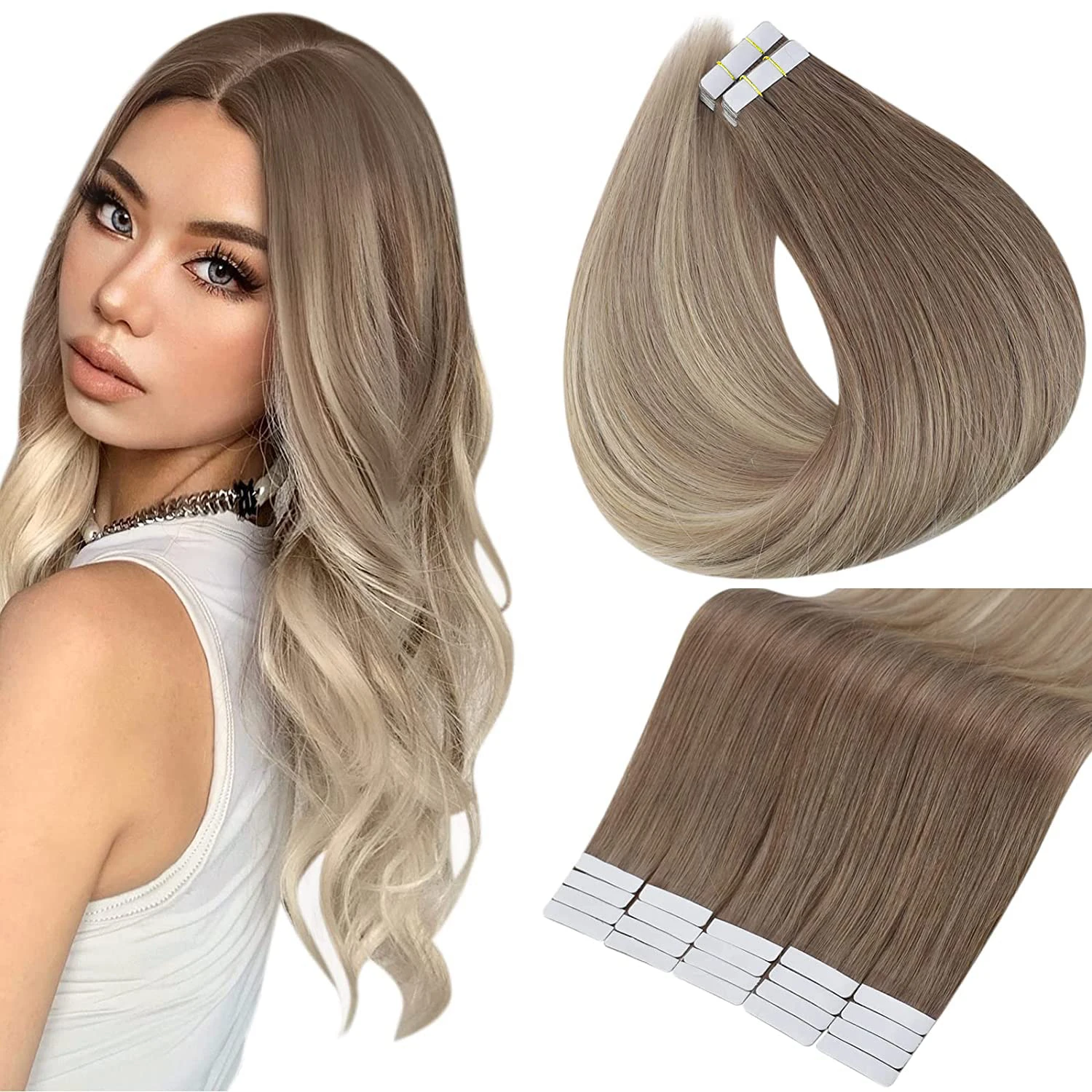 Tape In Hair Extensions Remy Human Hair Lichtbruine Kleur #8 16-26Inch Naadloze Hair Extensions 20 Stks/partij Voor Salon Van Hoge Kwaliteit