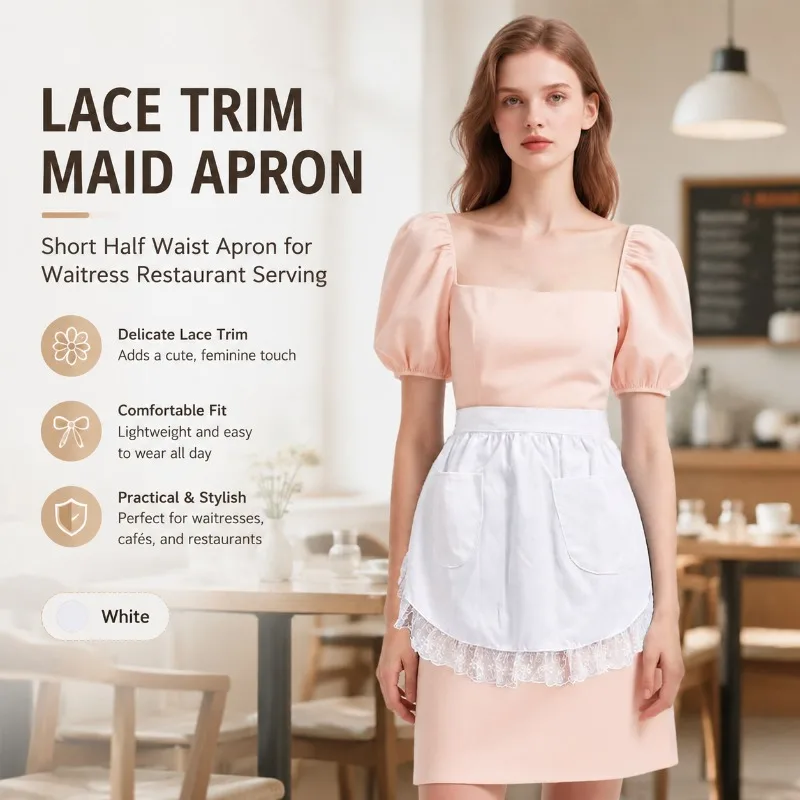 Lace Trim Maid Apron Short Half Waist Apron for Waitress Restaurant Serving Cute White