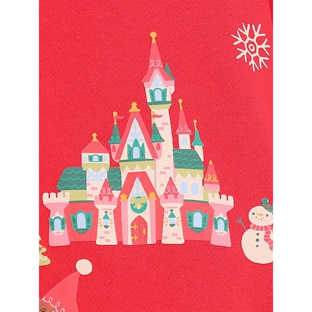 بلوفر ديزني ميري كريسماس كاسل ميكي ماوس فاميلي مطبوع عصري للنساء بغطاء للرأس باللون الأحمر #5