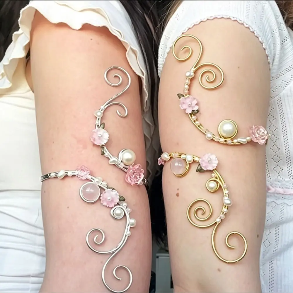 Body Jewelry Adjustable Flower Arm Cuff Spiral Wire Pearl Open Arm Bangle Elegant Comfortable To Wear Upper Arm Bracelet Party