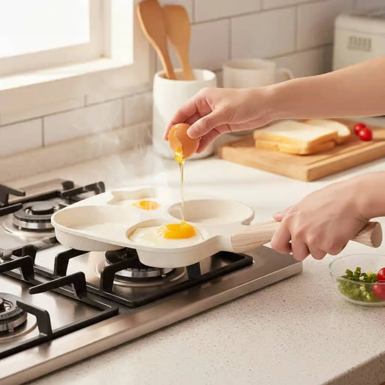 Non-Stick Breakfast Pan Long-Lasting 4-Hole Frying Pan Divided Breakfast Skillet Fast & Even Heating Shaped Pancake Griddle