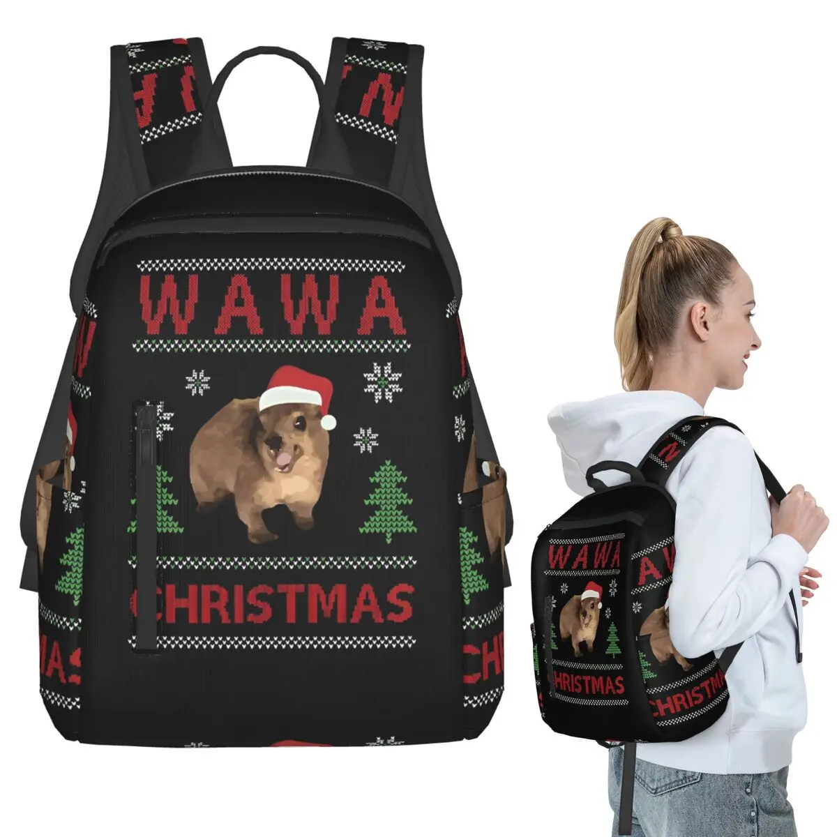 

Christmas Wawa Mug Animal Hyrax Backpack Student BookBag Children School Bag Laptop Shoulder Bags Men Women
