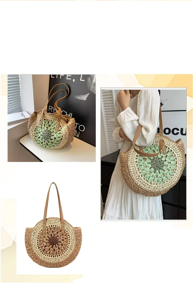 Handgewebte Sommer-Rundstrohtasche im Bohemian-Stil für Damen – Lässige Strand- und Urlaubstasche aus umweltfreundlicher Faserkunst – Detail 1
