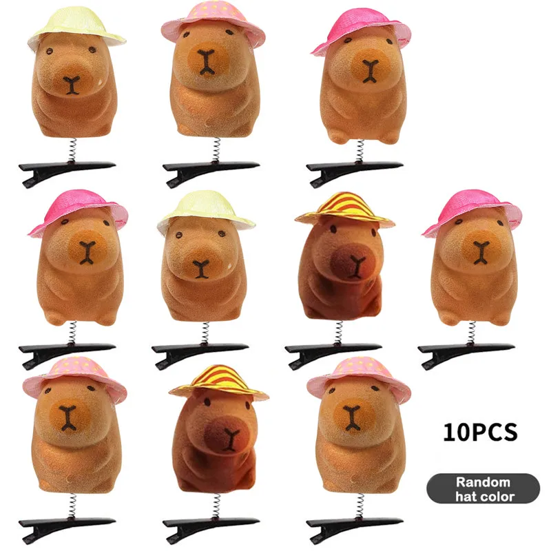 10pcs Set Cartoon Funny Kapibala Bow Colored Hat Plush Hairpin Animal Lovely Capybara Hair Clip Accessories Headwear Gifts