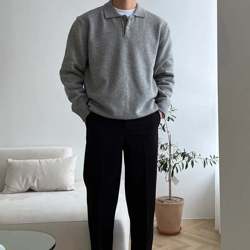 อินเทรนด์สีทึบเสื้อกันหนาวผู้ชายเสื้อโปโล 2025 ฤดูใบไม้ร่วงฤดูหนาวใหม่สบายๆแขนยาวถักจัมเปอร์ผู้ชายแฟชั่นเสื้อกันหนาว