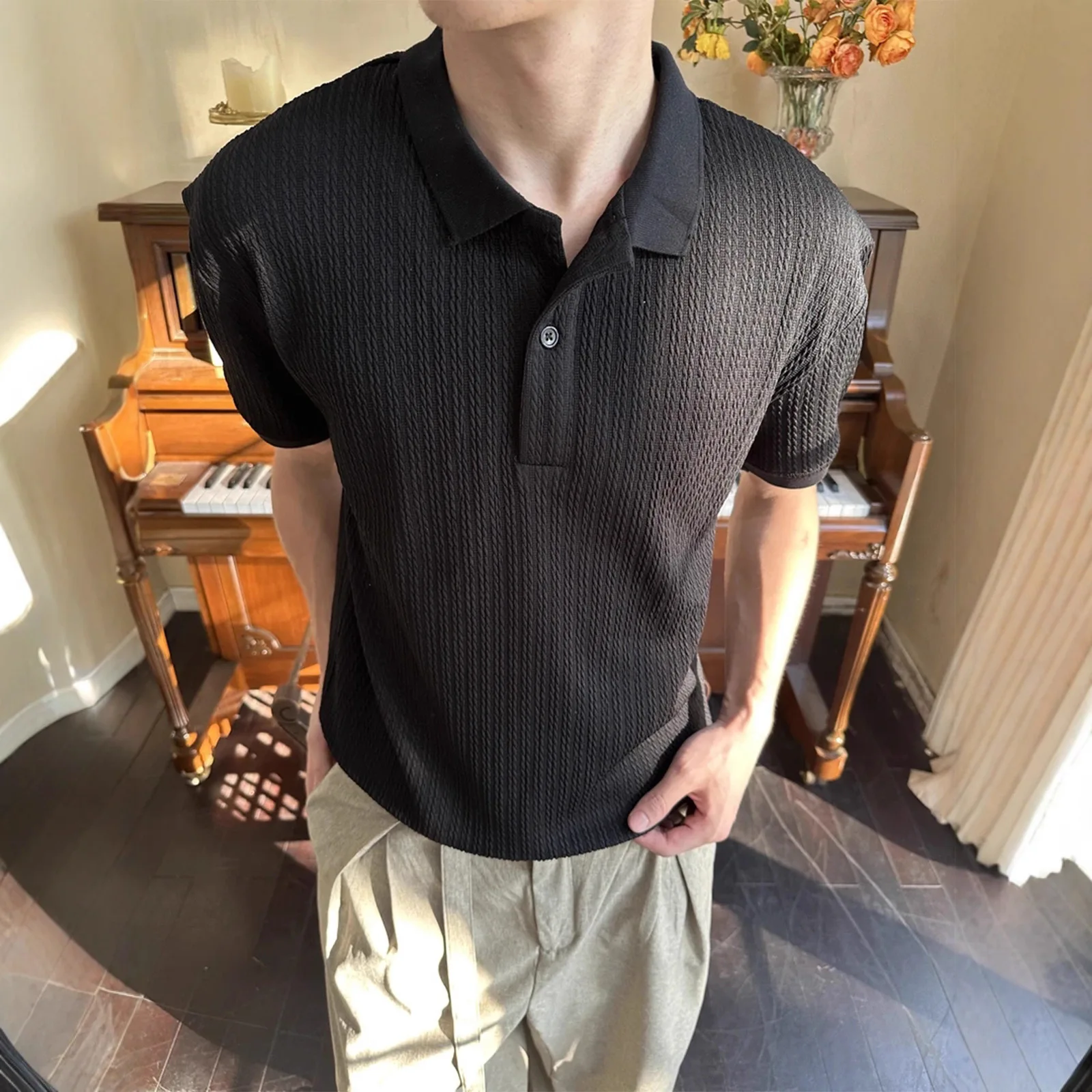 Man Short Sleeve T-shirt 2025 New Men's Henley Collar Short Sleeve Knit Shirt Unisex Retro Cleanfit Lapel Design