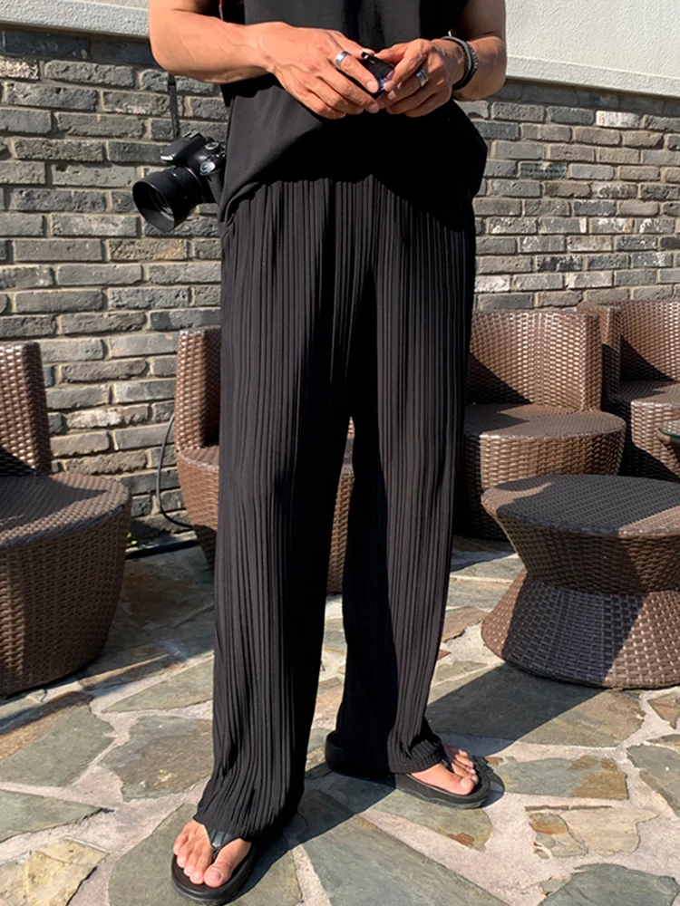 

Мужские летние брюки в полоску из ледяного шелка, прямые свободные драпированные брюки, модные элитные повседневные брюки с широкими штанинами длиной до пола