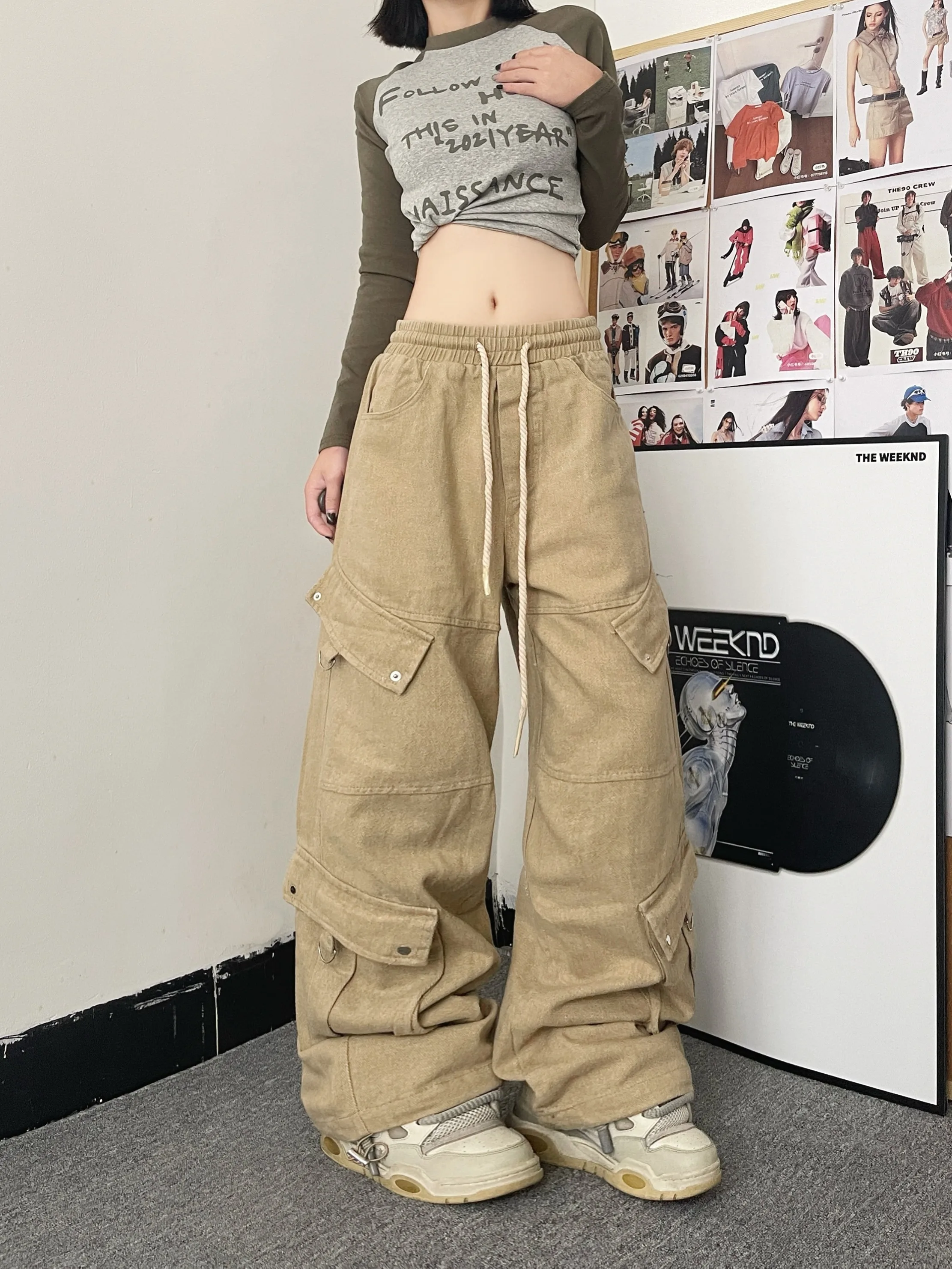 Women's Khaki Cargo Pants Harajuku Streetwear Oversize Pants Y2k Retro 2000s 90s Aesthetic Vintage Trousers Fashion Clothes 2024