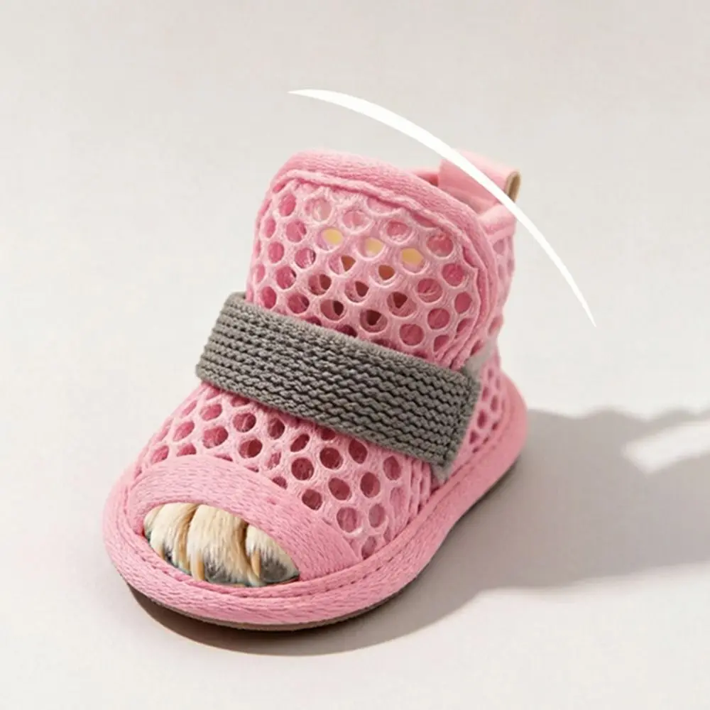 4Pcs Cute Mesh Dog Shoes Non-slip Soft-sole Pet Sandals Elastic Strap Wear-resistant Dog Foot Cover Summer