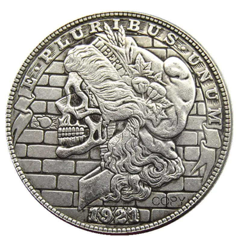 HB(120)Hobo USA 1921 Morgan Dollar skull zombie skeleton Silver Plated Copy Coins