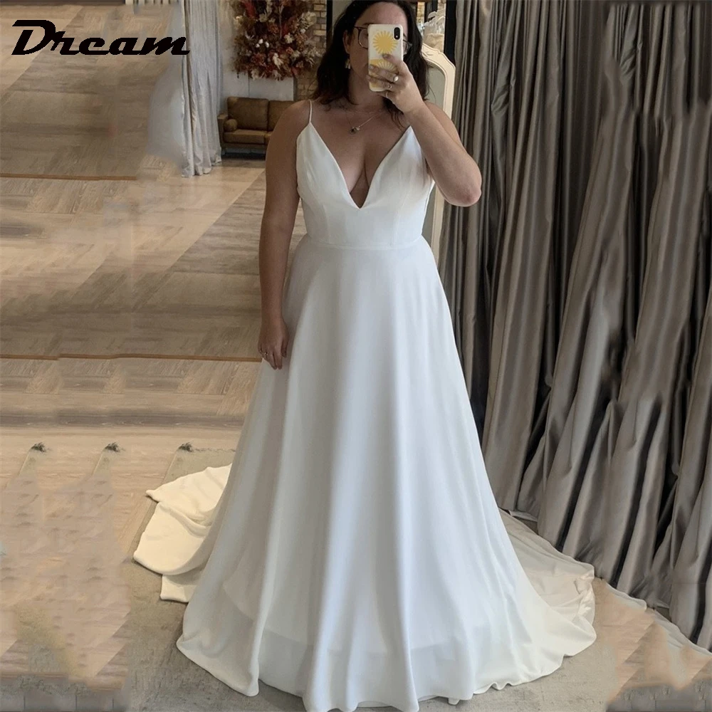 DREAM Customized Simple V Neck Spaghetti Starps A Line Wedding Dress Satin Backless Sleeveless Sweep Train Bridal Gown Boho 2024