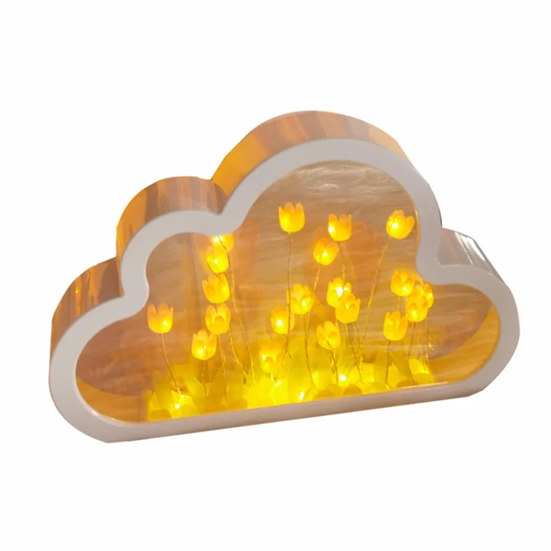 

LICE-DIY Cloud Tulip LED Night Light Girl Bedroom Ornaments Photo Frame Mirror Table Lamps Bedside Handmade Easy To Use , A
