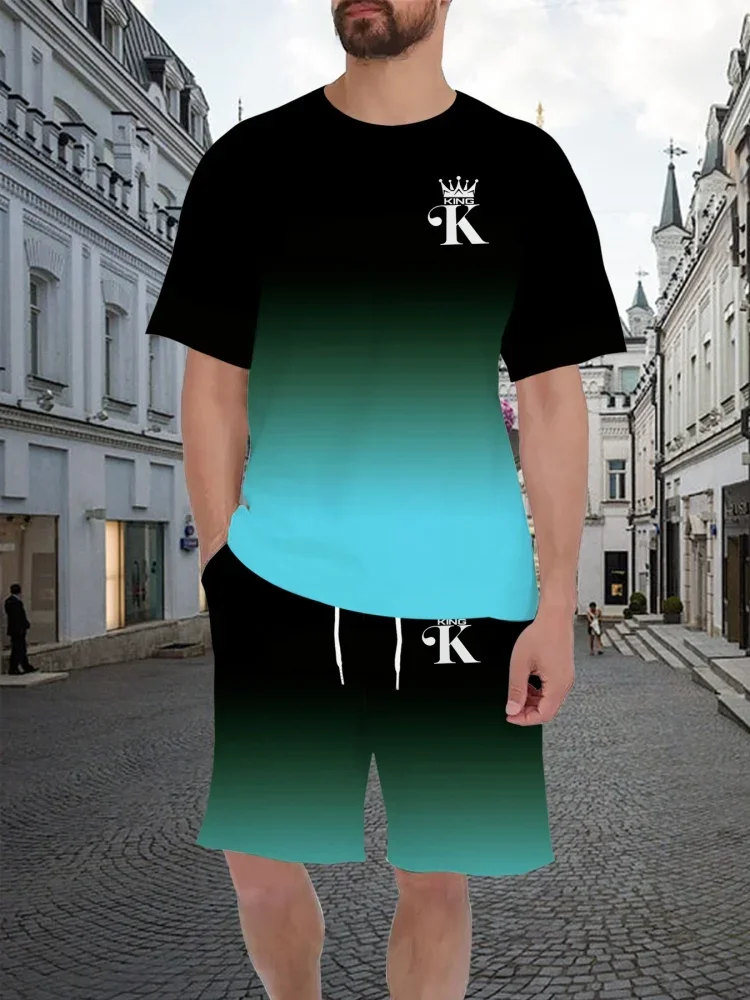 

Summer Men's T Shirt Fashion O-neck Short Sleeve T-shirt Sets Solid Color Gradient Harajuku Print Top Pullover Oversized Clothes