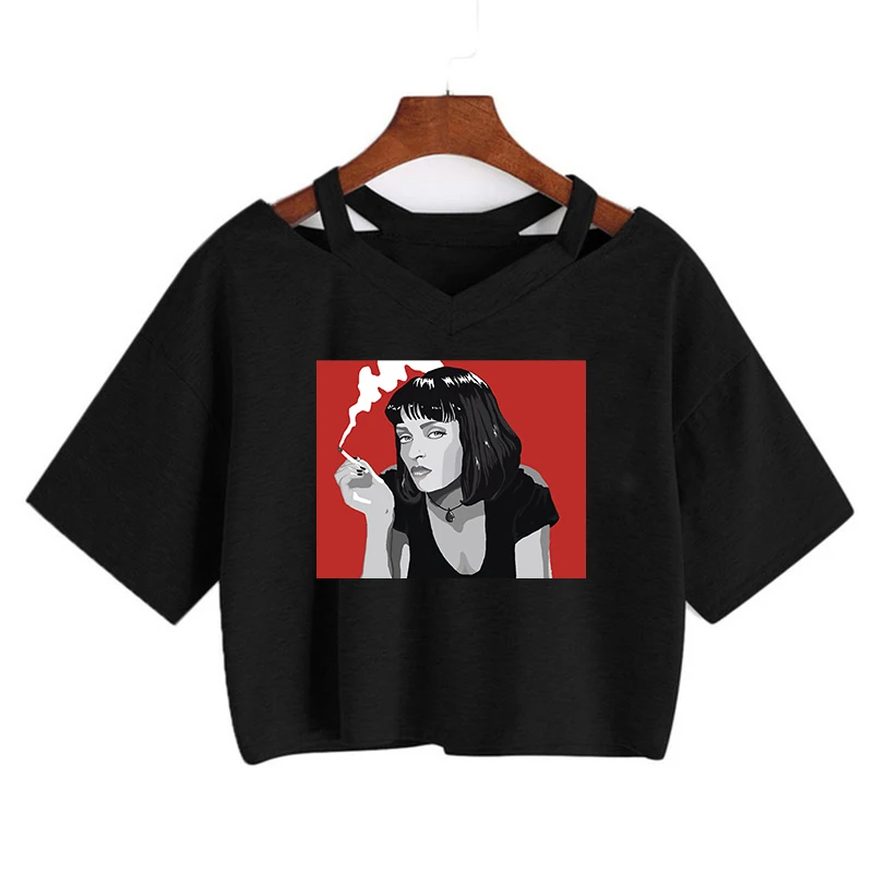 Vintage Pulp Fiction Print T Shirt Women Y2k Harajuku Funny Cartoon Tshirt Ullzang Streetwear Tshirt Summer Crop Tops Tee Female