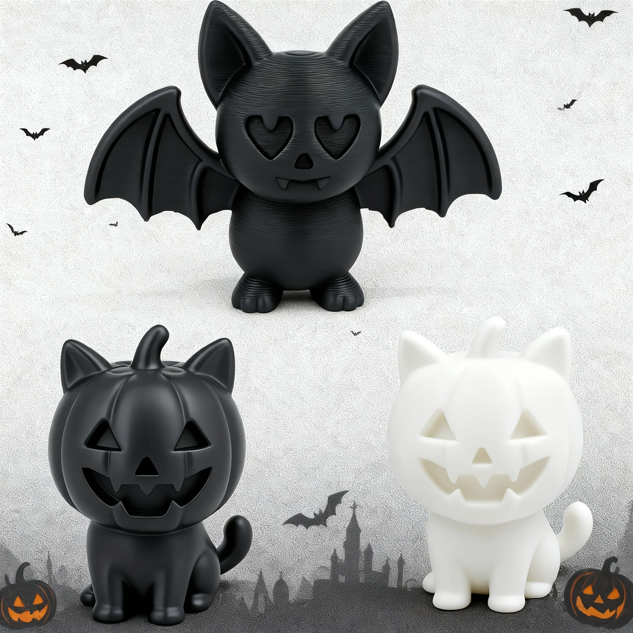 

3D printed vampire bats and pumpkin cats are ideal choices for Halloween gifts, home decor, and car interior decoration