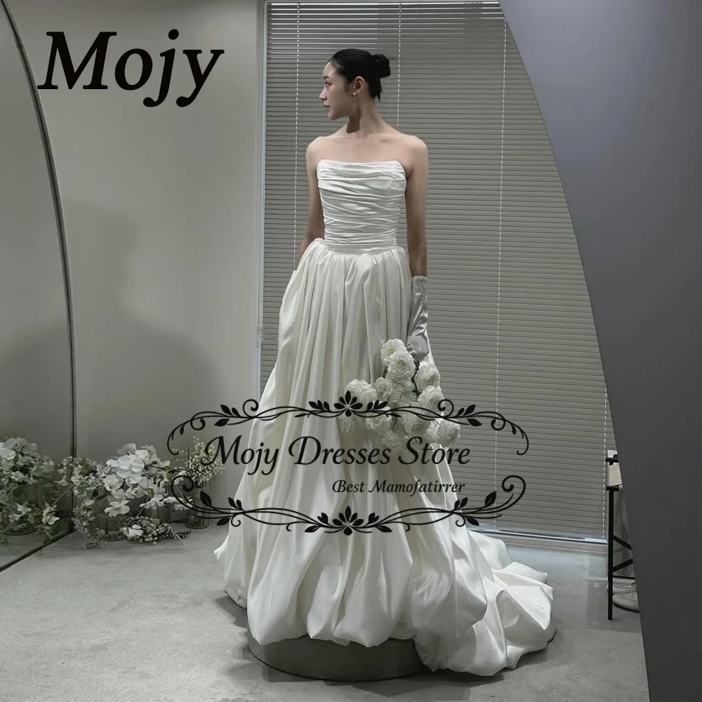 

Mojy 2026 Simple A Line Korean Wedding Dresses Photo shoot Strapless Soft Satin Pleats Bridal Gowns Corset Back
