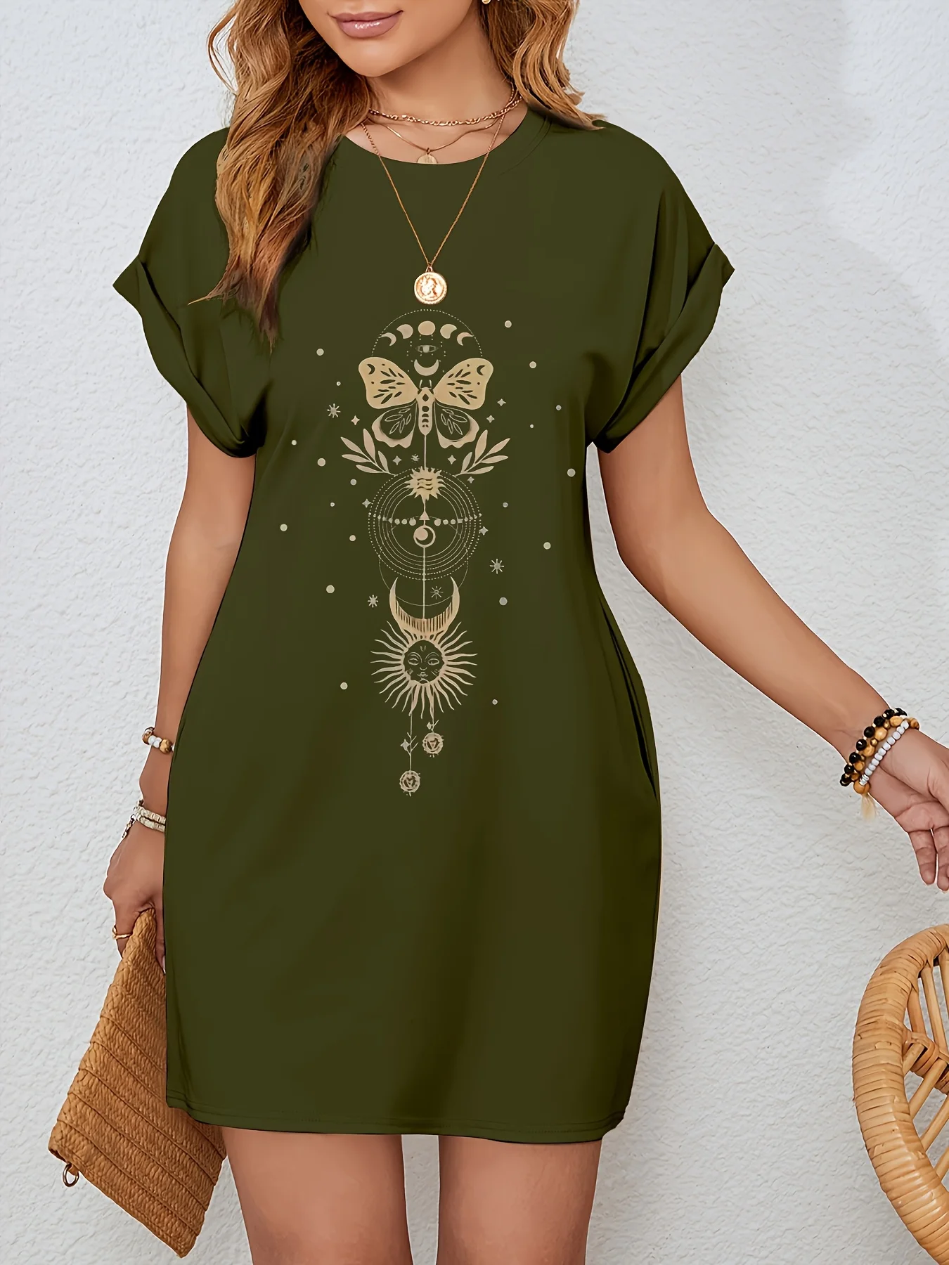 Robe t-shirt longue pour femmes, décontractée, lune, étoile, graphique, manches courtes, col rond, coupe ample, printemps et été