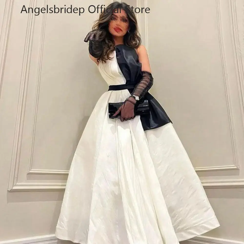 

Angelsbridep Black White Prom Dress 2023 Strapless Half Sleeves Cocktail Dresses Robe De Soirée With Sash Vestido De Graduación