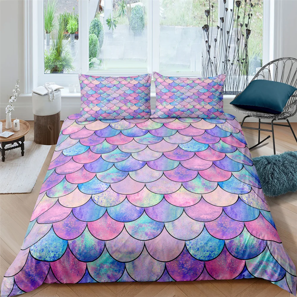 

Fish Scales Duvet Cover Set Bedding Set Colorful Mermaid Scale Quilt Cover Pillowcase Queen Size Girls 2/3pcs Comforter Cover