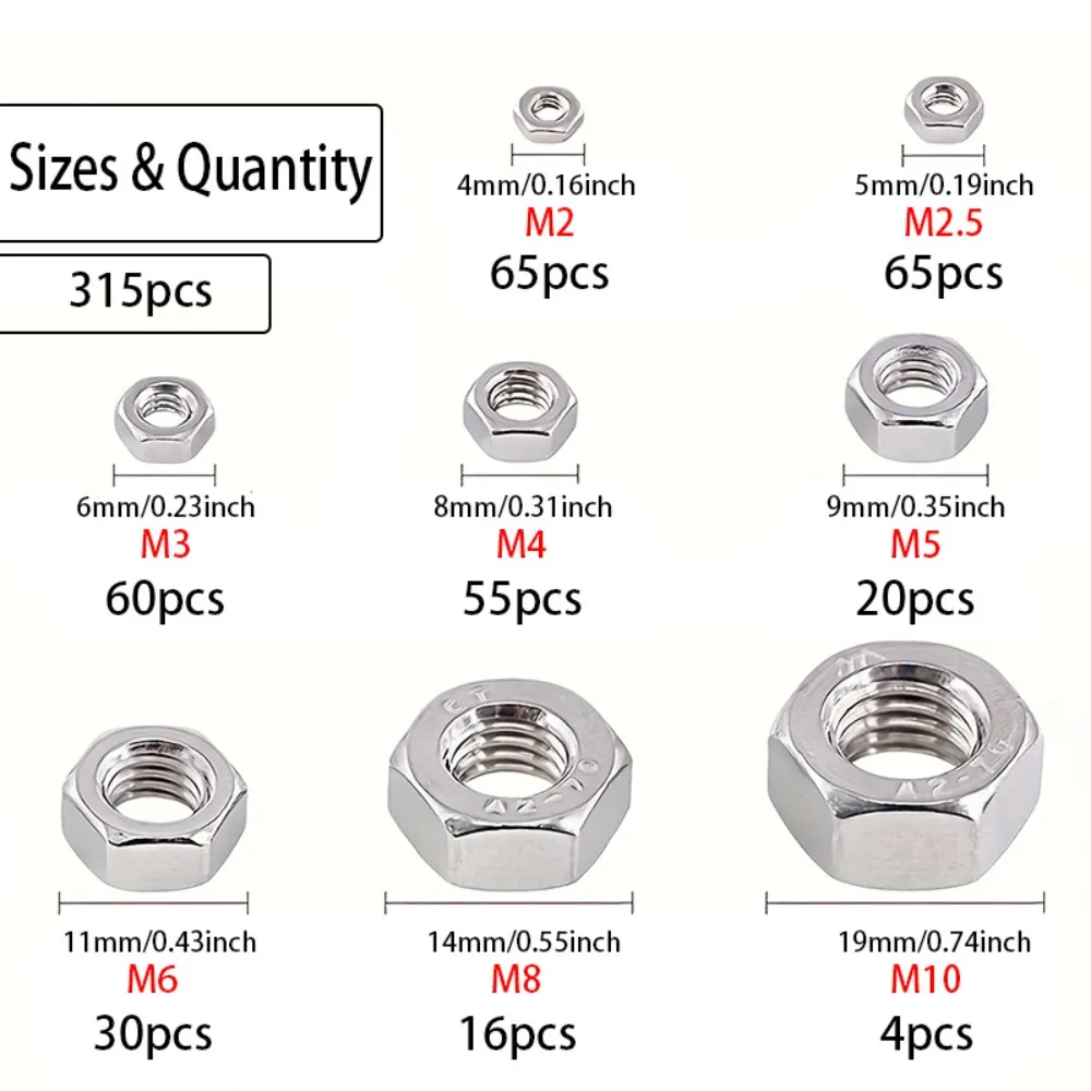 315-Piece Stainless Steel Hex Nut Kit, M2-M10, for Industrial Equipment, Home Repair, Machinery Parts, and Outdoor Maintenance.