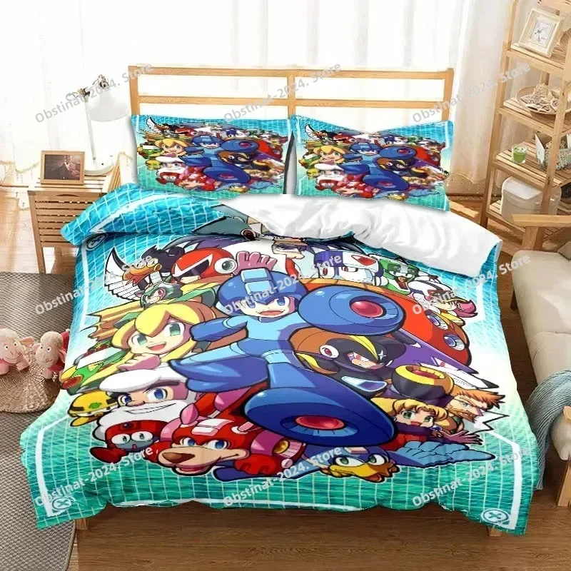 Rockman Megaman 게임 만화 침구 세트 베개 커버 이불 커버가있는 인쇄 침대 세트 소프트 싱글 더블 퀸 슈퍼 킹 사이즈