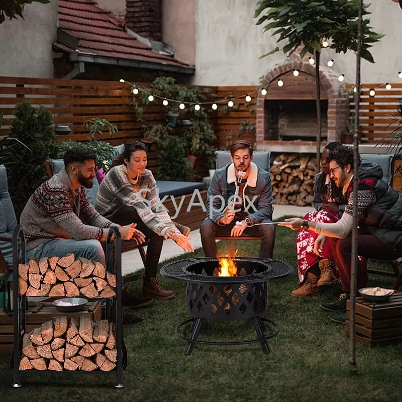Large Outdoor Wood Burning Fire Pit with Poker Cooking Grate Spark Screen Heavy Duty AntiRust  Backyard  Patio  Bonfire  Cooking