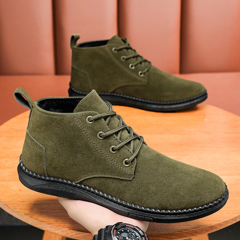 Zapatos de tablero informales de alta calidad, botas cortas de fondo plano negro de gamuza con cordones para hombre, botas Chelsea para hombre,