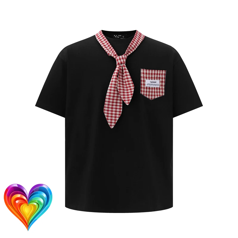 

Футболка из двух предметов со съемными карманами в клетку для мужчин и женщин в стиле хип-хоп, повседневная черная, серая футболка с короткими рукавами, уличная одежда